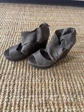 Eileen Fisher Charcoal Gray Suede Draped Wedge Sandals